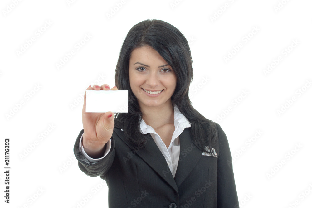 Smiling bussiness woman showing a blank card Smiling bussiness woman showing a blank card