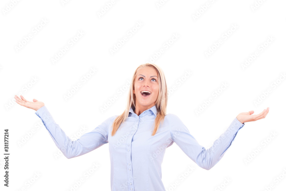 Attractive teenage girl smiling and showing isolated Attractive teenage girl smiling and showing isolated