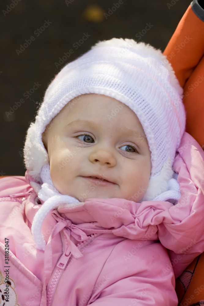 Portrait close up of the baby on walk. Portrait close up of the baby on walk.