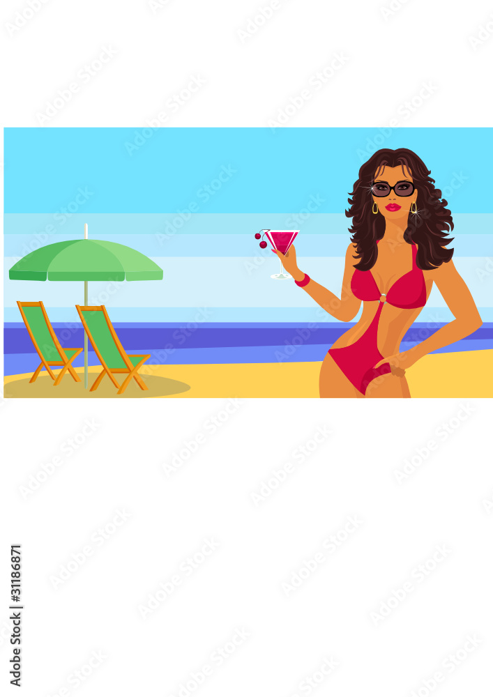 Girl with a cocktail on the beach