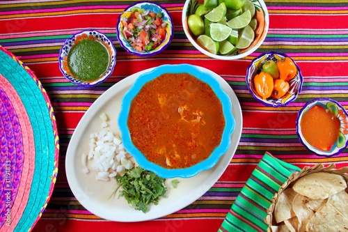 Pancita mondongo mexican soup varied chili sauces photo