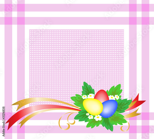 Easter eggs with a bouquet of pink on a checkered tablecloth