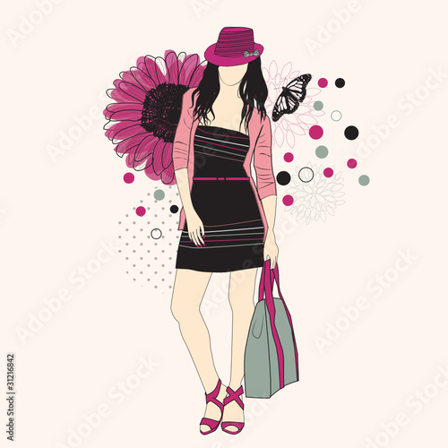 Fashion girl in hat on a floral background