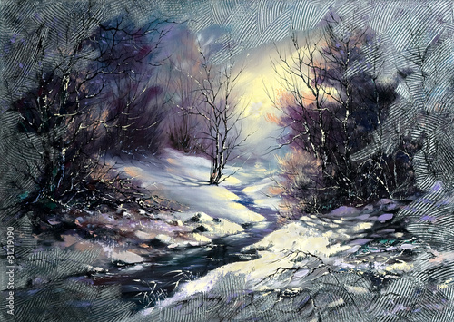 Landscape with winter wood small river