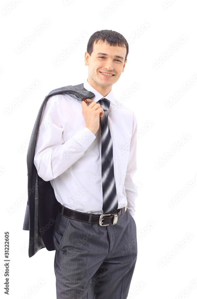 Happy young bussinessman with coat on shoulder Happy young bussinessman with coat on shoulder