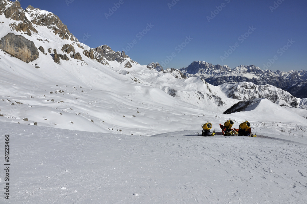 snow cannons at rest, san pellegrino pass