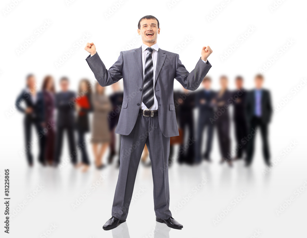 One very happy energetic businessman with his arms raised One very happy energetic businessman with his arms raised