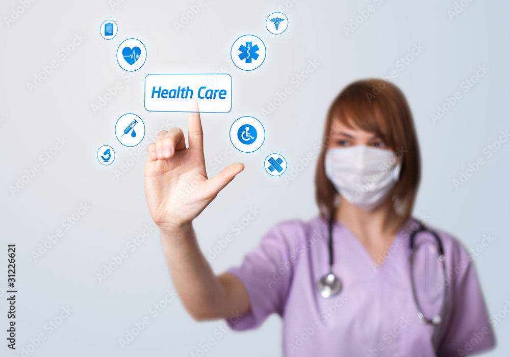 Woman doctor pressing digital button Woman doctor pressing digital button
