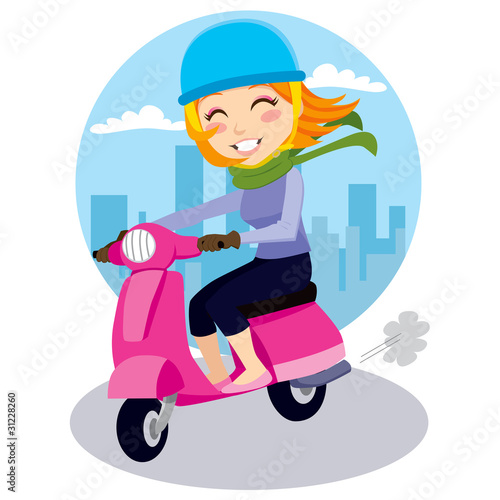 Girl riding pink scooter through city street