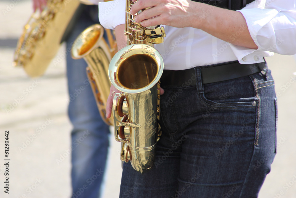 Obraz premium Musik beim Umzug, Sommertagszug, Fanfarenzug, Blasinstrumente