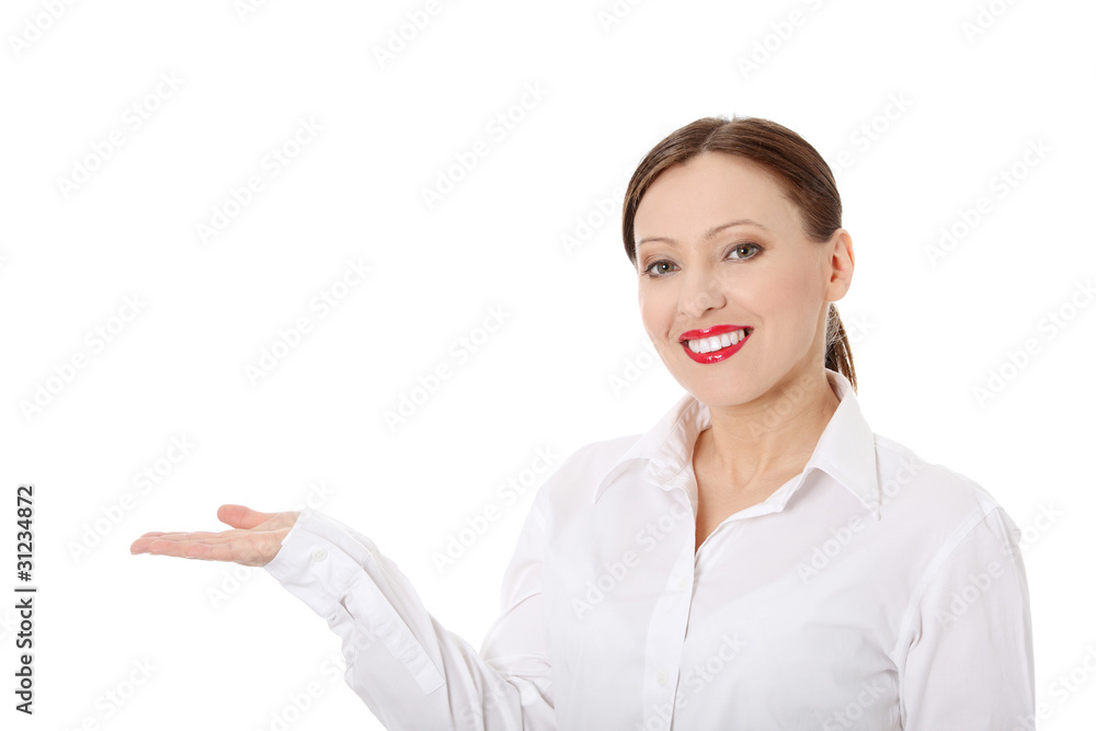 Business woman presenting something on her hand.