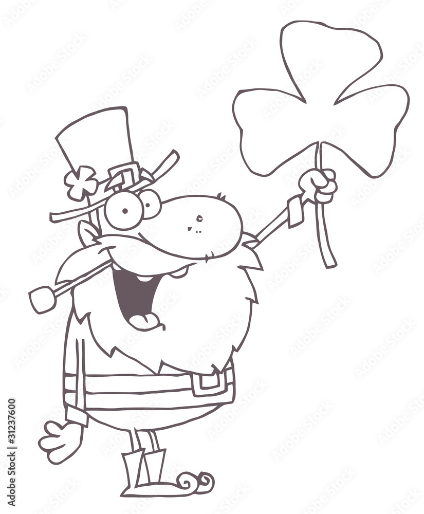 Outlined Male Leprechaun Holding Up A Clover Outlined Male Leprechaun Holding Up A Clover