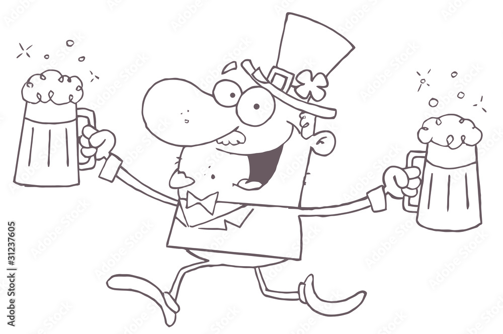 Outlined Male Leprechaun Running With Beers Outlined Male Leprechaun Running With Beers