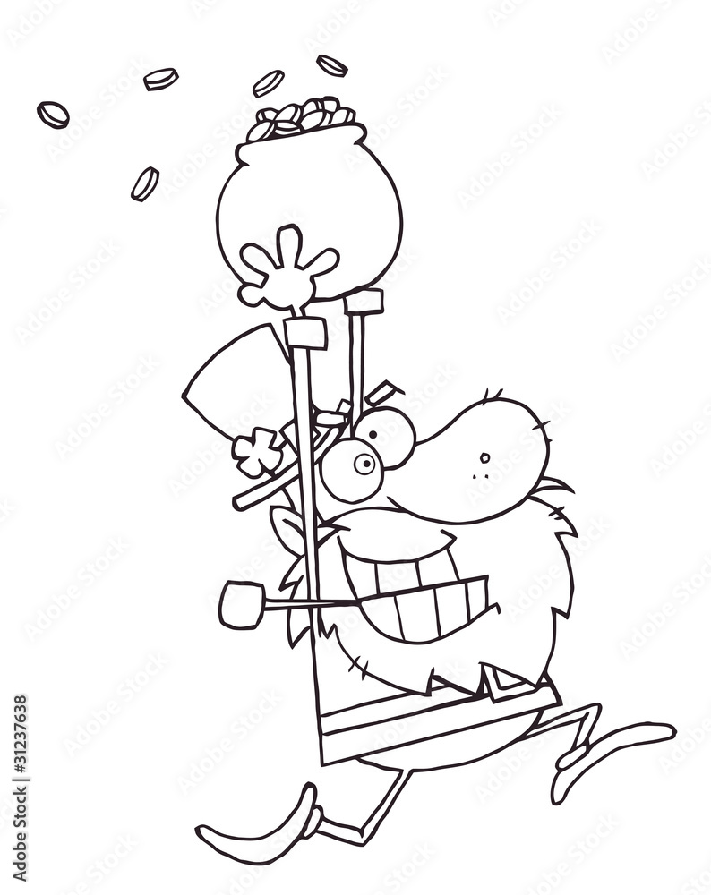 Outlined  Leprechaun Running With A Pot Of Gold Over His Head