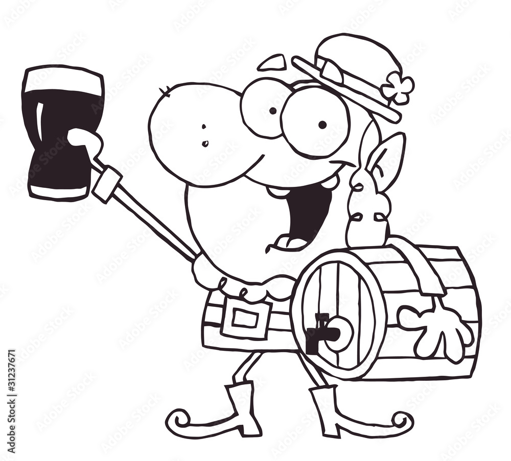 Outlined Leprechaun Carrying A Beer Keg And Holding Up A Glass Outlined Leprechaun Carrying A Beer Keg And Holding Up A Glass