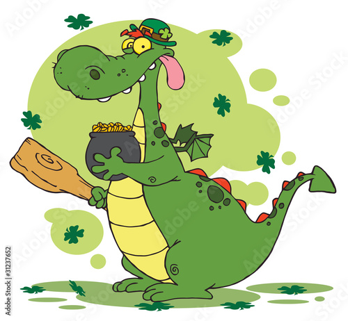 Dragon Leprechaun With Clovers, Holding A Mace And Pot Of Gold