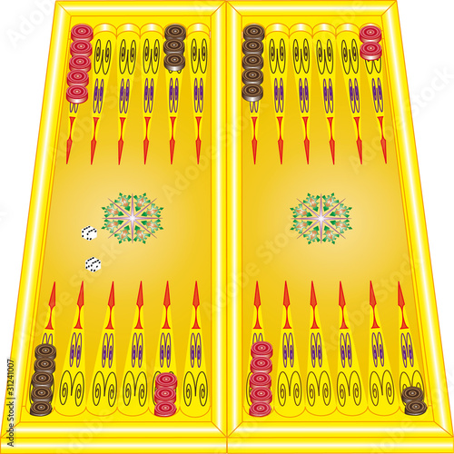 Backgammon board with dices and checker in starting position.