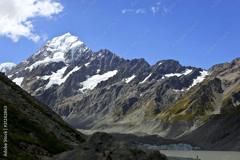 Fototapeta premium New Zealand Mt Cook with snow covered peak blue sky and large lake at the foot of the mountain range.