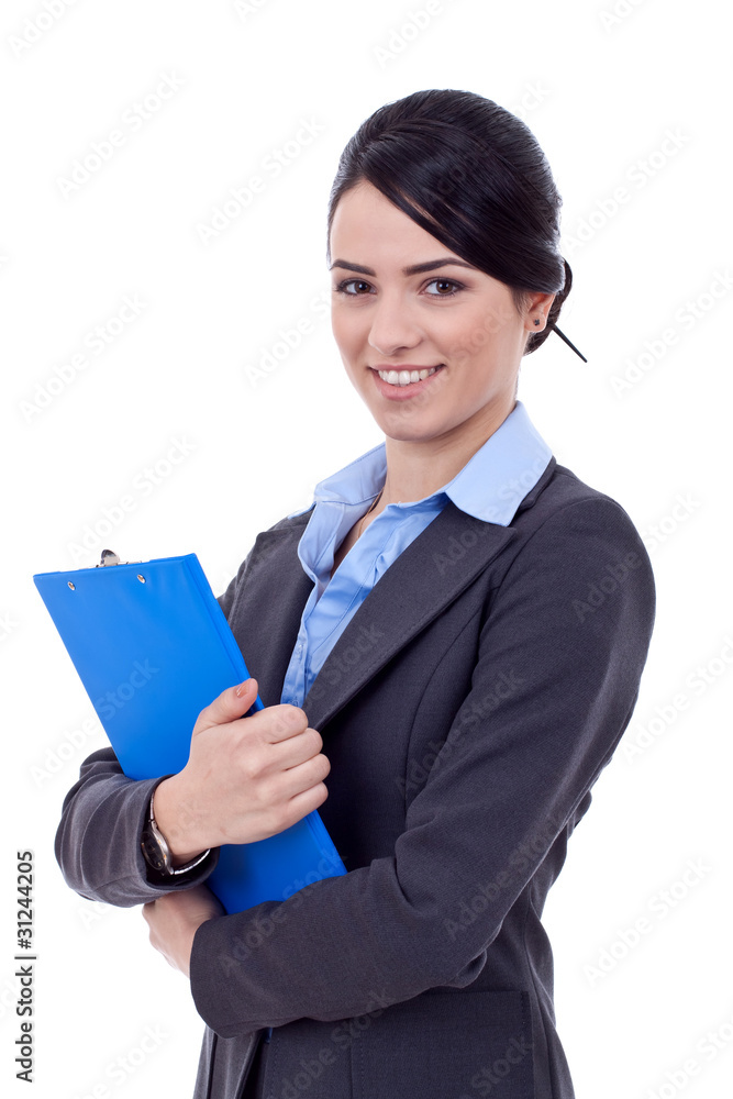 business woman holding a clipboard at chest business woman holding a clipboard at chest