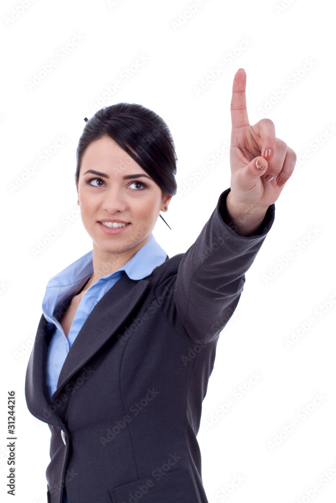 business woman pressing imaginary button business woman pressing imaginary button