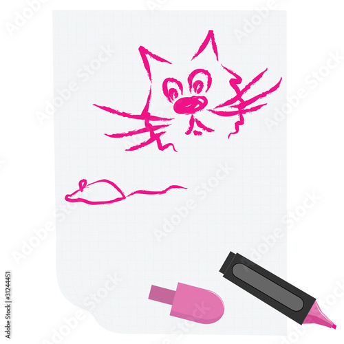 vector childlike drawing with cat and mouse