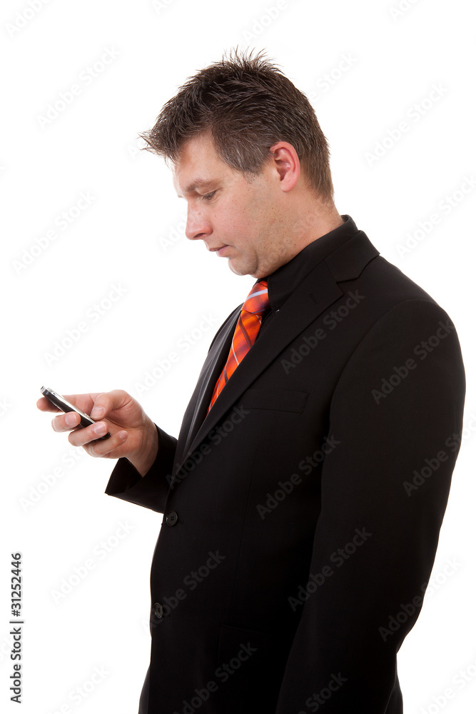 business man with smart phone over white background business man with smart phone over white background