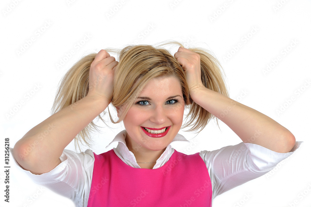 Pretty casual smiling female having fun. isolated on white Pretty casual smiling female having fun. isolated on white