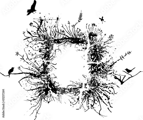 Wild frame made of branches, roots, vegetation and birds