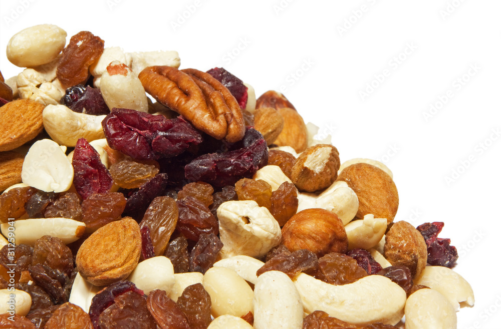 Close up of mixed nuts with raisins Close up of mixed nuts with raisins