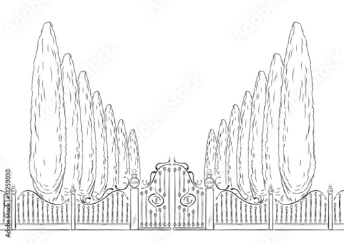 gate and trees