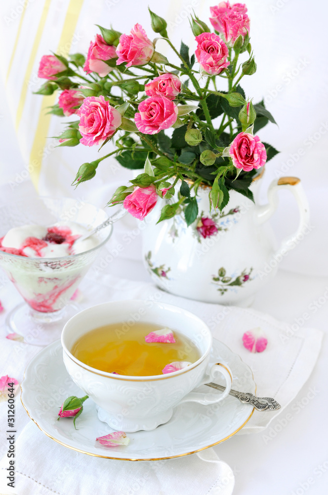Rose bouquet and cup of tea Rose bouquet and cup of tea