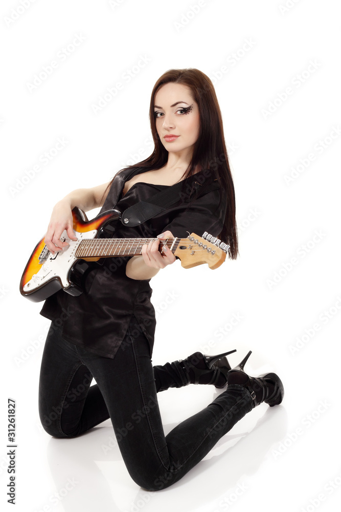 woman sexy beautiful musician playing guitar electric isolated o foto de  Stock | Adobe Stock