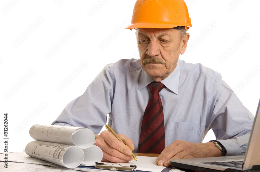 Engineer at the computer isolated on white background Engineer at the computer isolated on white background