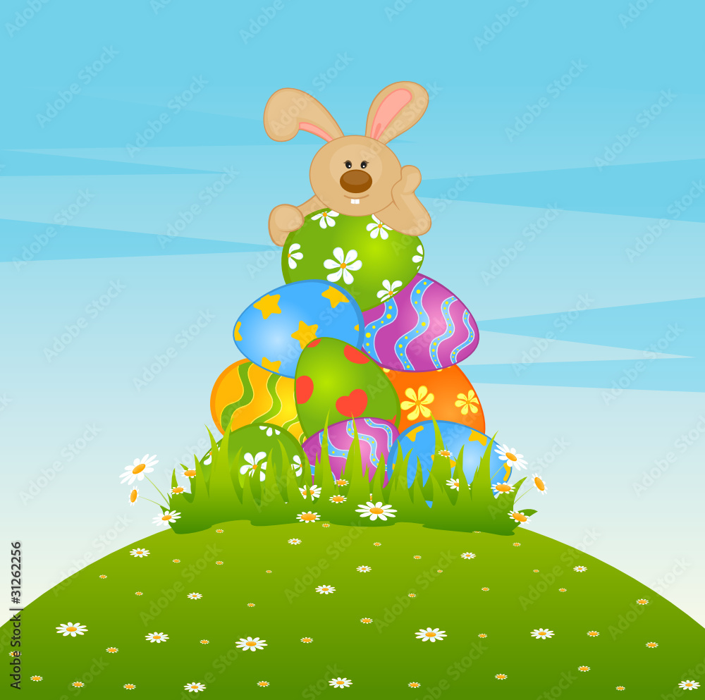 Easter Bunny with  colored eggs. Easter card