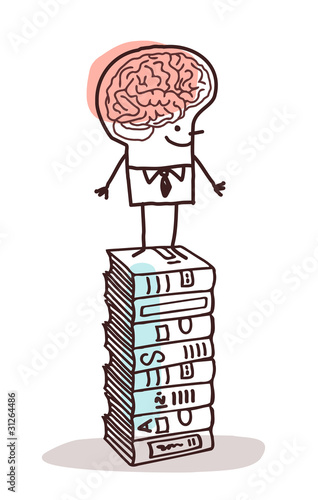 man with big brain on stack of books