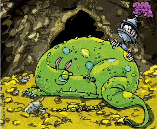Cartoon dragon sleeping on a pile of gold