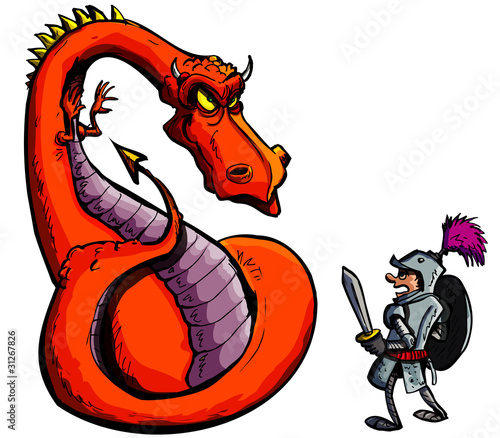 Cartoon of a knight facing a fierce dragon
