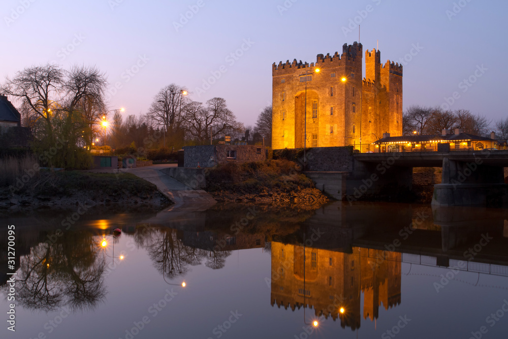 Bunratty castle in west Ireland at dusk