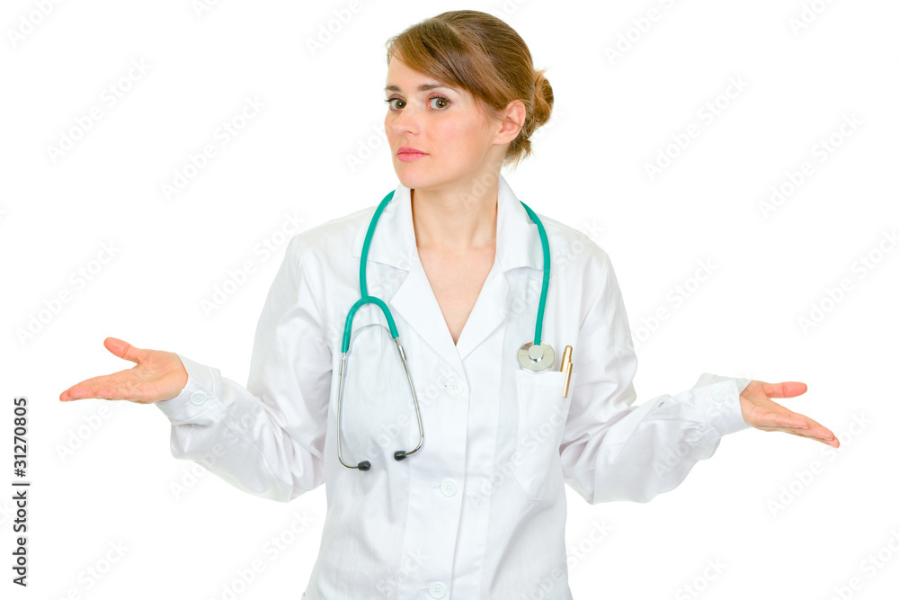 Medical doctor woman with surprise expression on her face Medical doctor woman with surprise expression on her face