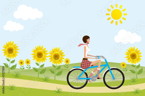 Bicycle girl on sunflowers