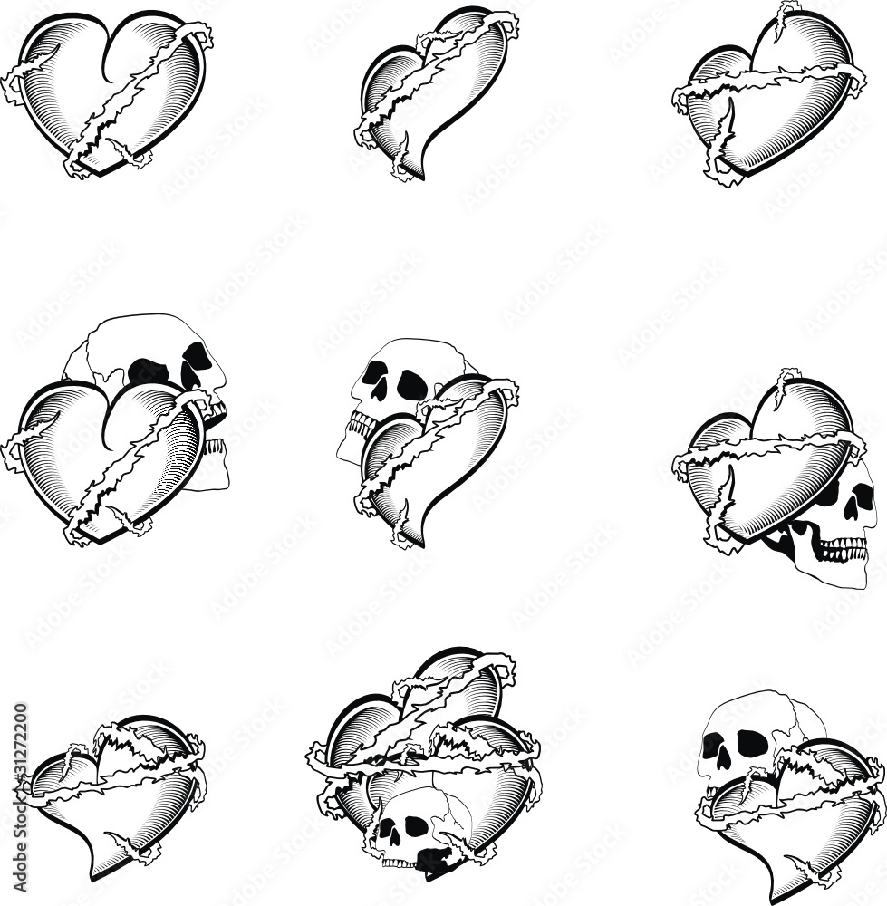 Fototapeta premium black hearts tattoo skulls pack collection in vector format 
