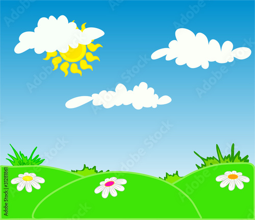 spring landscape with green grass and blue sky