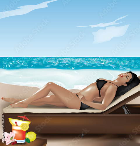 ragazza in spiaggia su lettino con cocktail