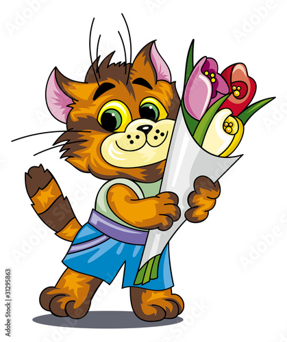 cat with a bunch of flowers