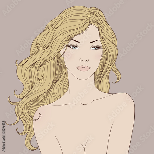 Fashion beautiful woman with long wavy hair. Vector