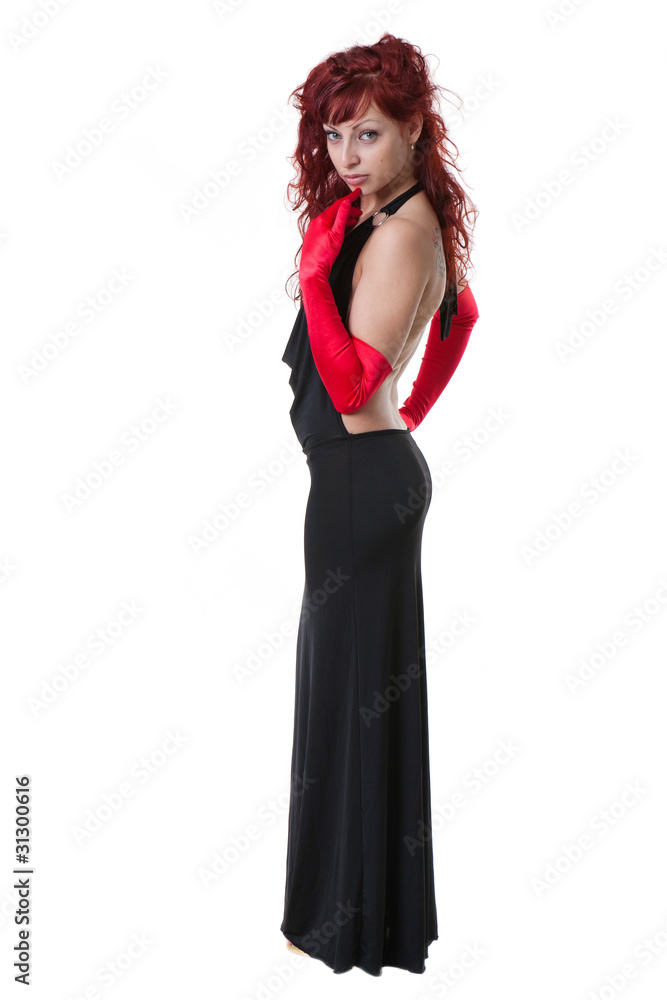 sexy young red-haired in black evening dress and red gloves Stock Photo |  Adobe Stock