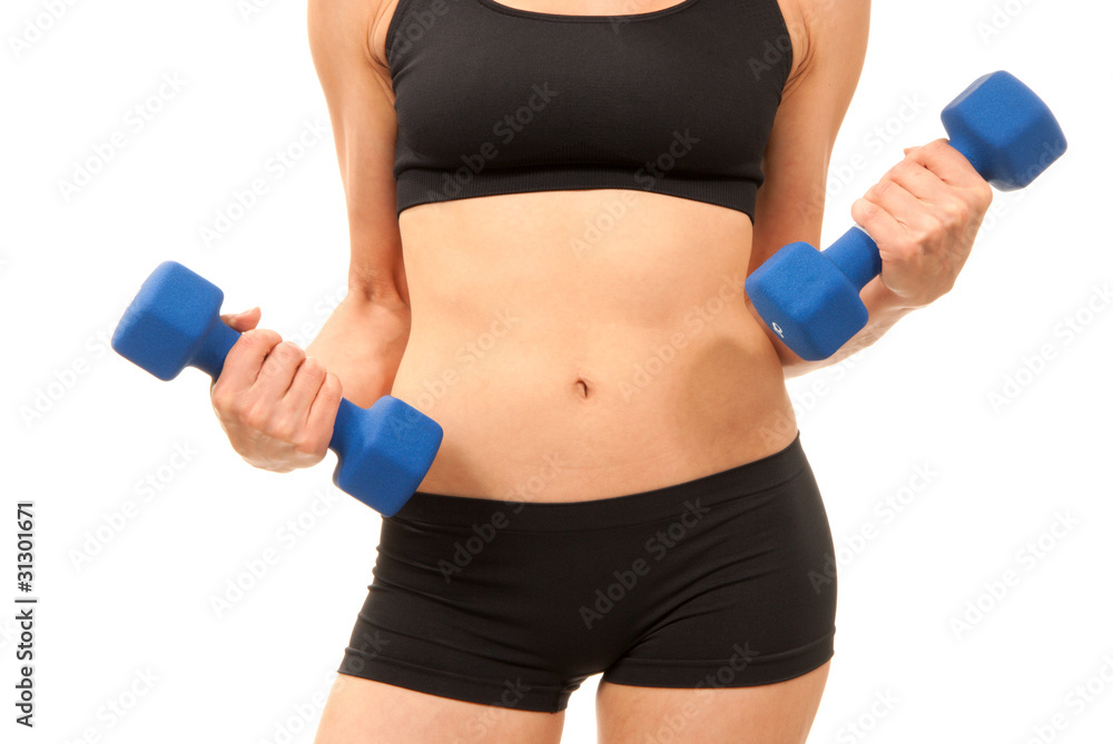 Woman working out with blue dumbbells weights Woman working out with blue dumbbells weights