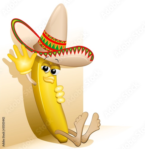 Banana Cartoon Mexico Sombrero-Vector