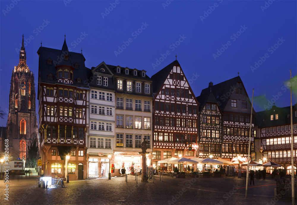 Night view of Romer Square in Frankfurt city, Germany