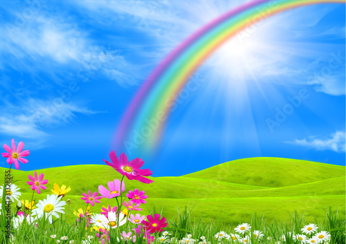 Rainbow in the blue sky over a glade